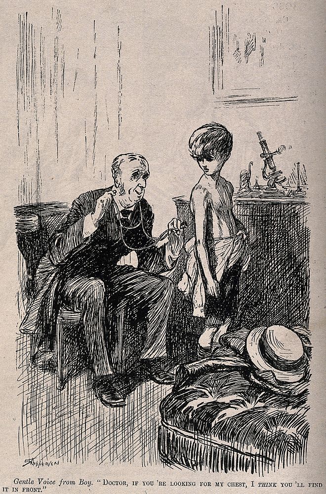 A doctor applying a stethoscope to a boy's back when the boy expects him to examine his chest. Wood engraving after C.A.…