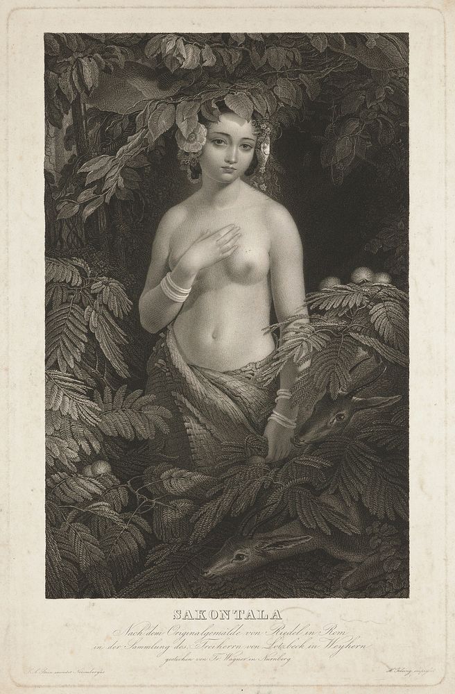 Śakuntalā, standing in foliage, with deer. Engraving by F. Wagner after A. Riedel 1841.