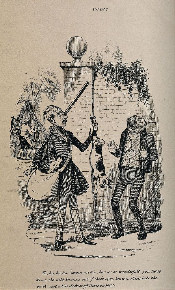 A man with a gun and a bag on his shoulder is holding a black and white rabbit up by its hind legs and showing it to another…