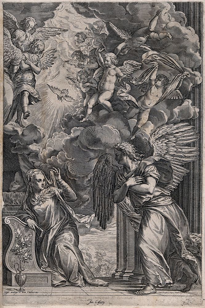 The Annunciation to the Virgin. Engraving by C. Cort after Titian.
