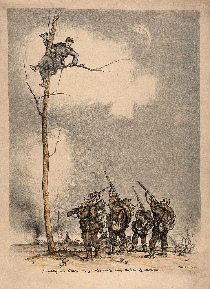 Franco-German War: a French soldier high in a tree orders a group of well equipped Germans to stop firing on him. Colour…