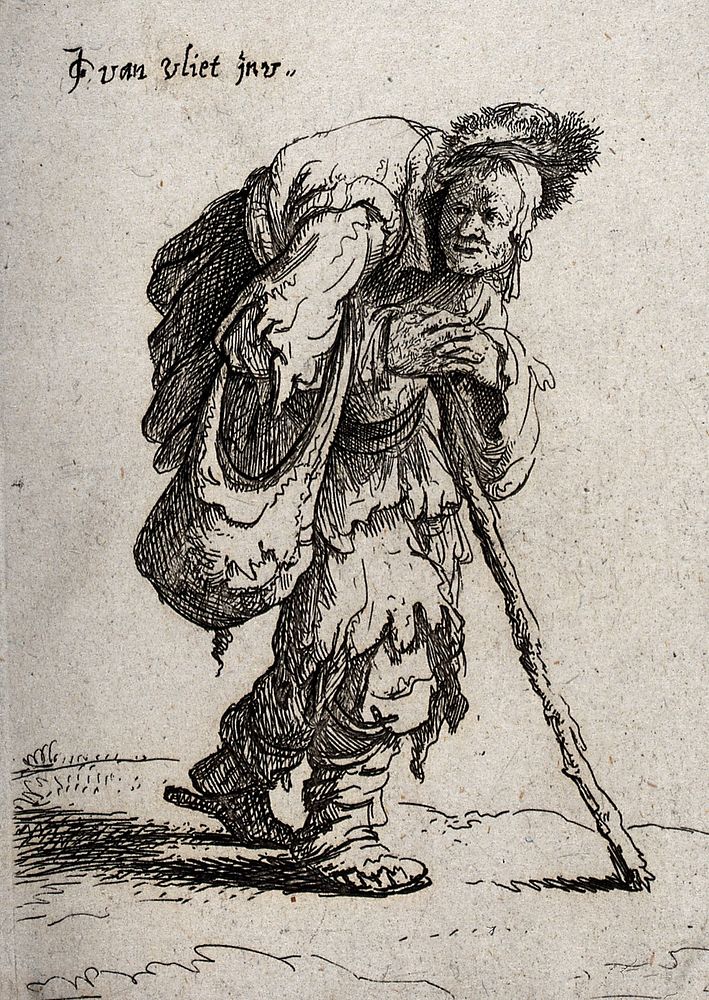 An old woman in ragged clothes carrying a huge load on her back. Etching by Jan Georg van der Vliet, c. 1632.