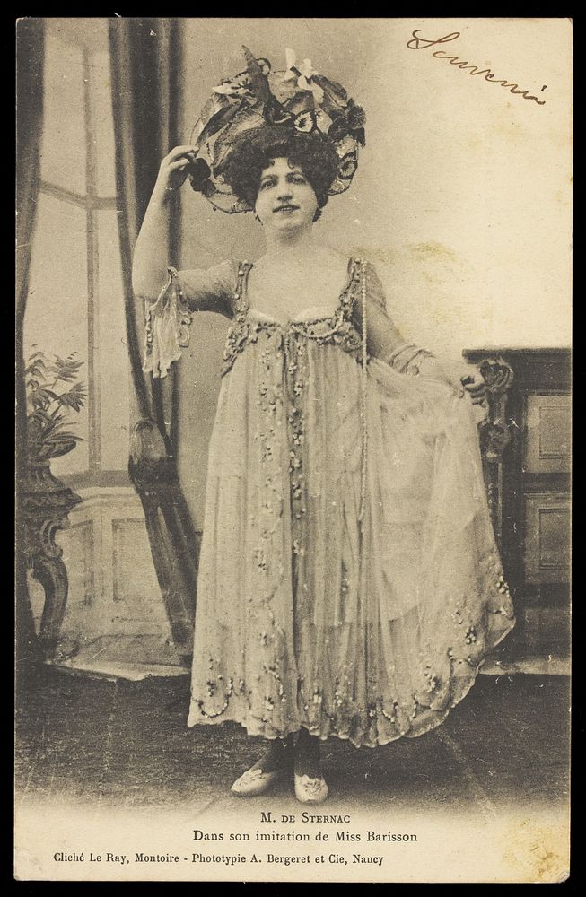 M. de Sternac in drag as one of the Barrison sisters. Process print, ca. 1901.