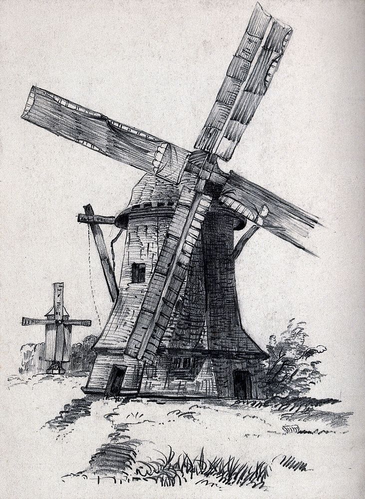 Two windmills (in the Netherlands) Pencil drawing [by Lilly], 1862.