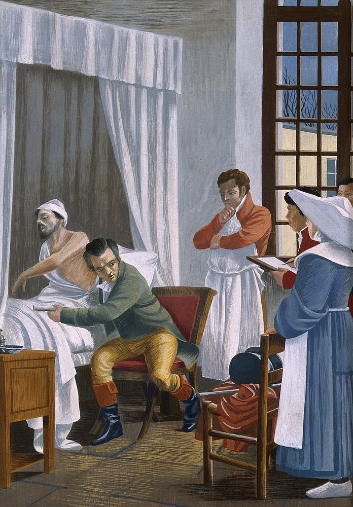 René Théophile Hyacinthe Laënnec auscultating a tuberculous patient at the Necker Hospital, Paris. Gouache after T. Chartran.