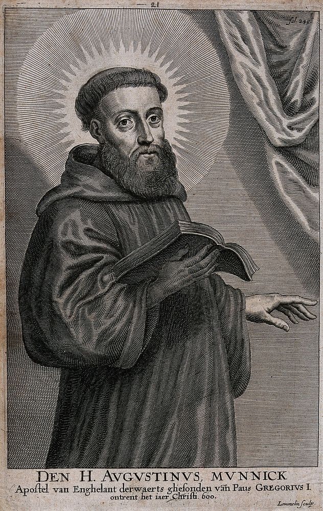 Saint Augustine of Canterbury. Line engraving by A. Lommelin, 16--.