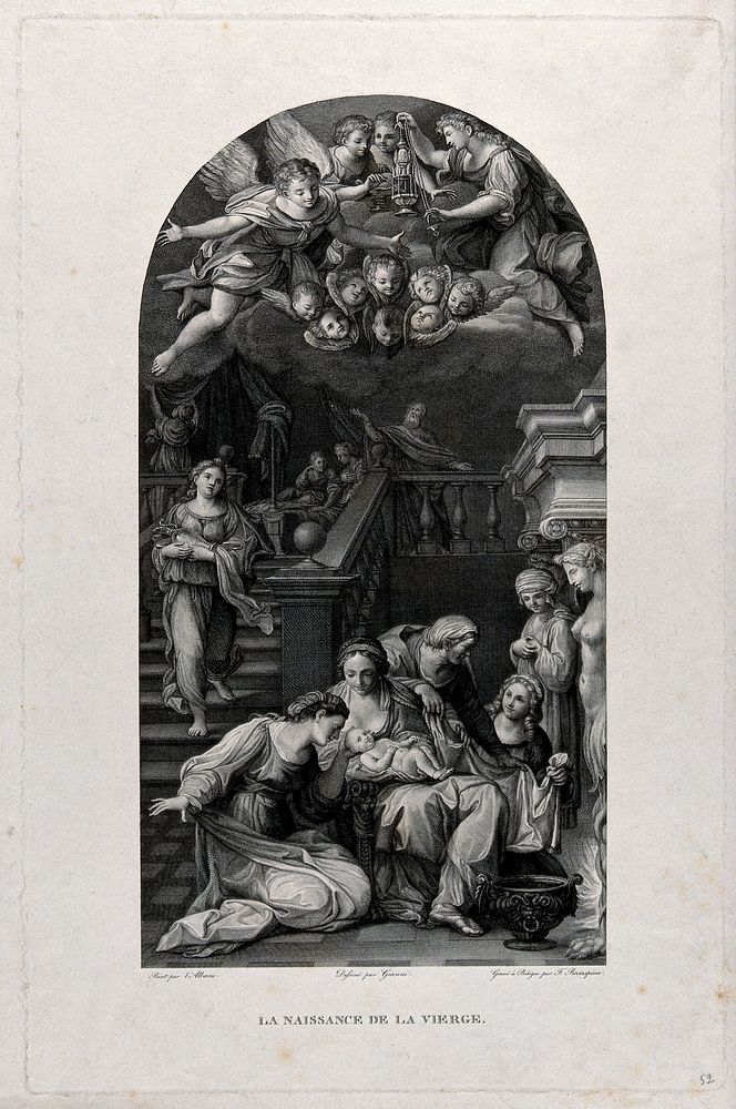 The birth of the Virgin. Engraving by F. Rosaspina after F. Giani after F. Albani.