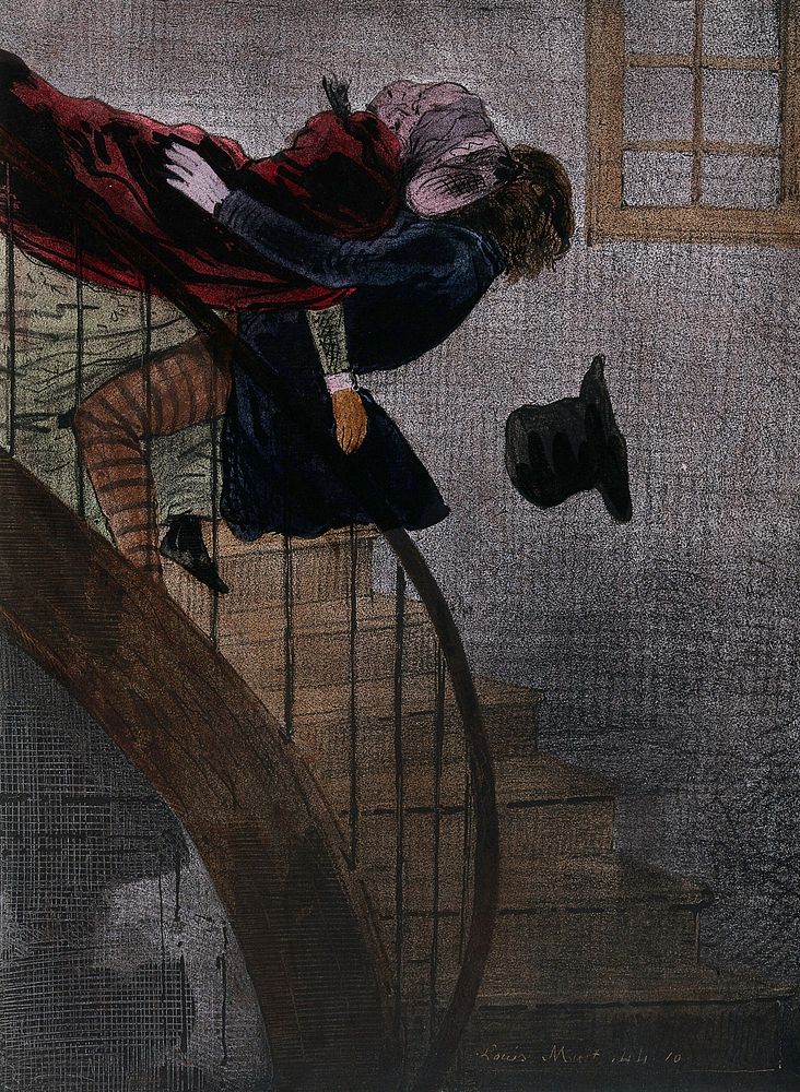 A woman descending the stairs of a steep staircase in the gloom falls into the arms of a man who is ascending. Coloured…