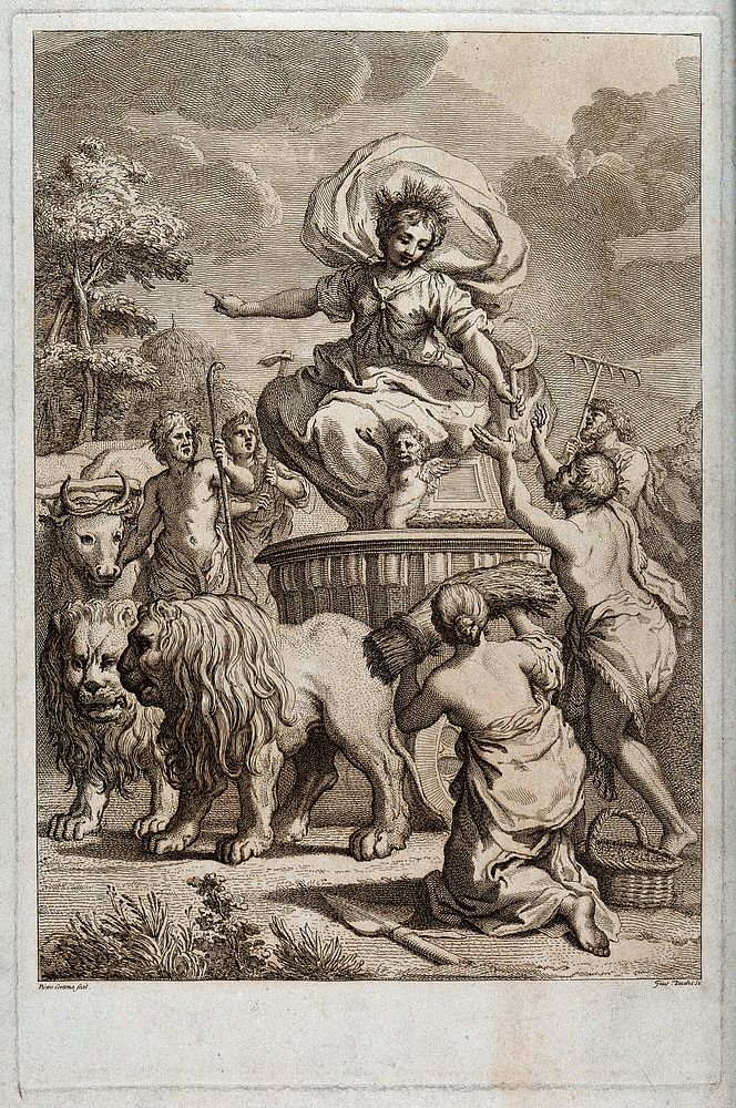 Ceres (Demeter) on a chariot drawn by lions receives offerings from peasants; representing harvest. Etching by G. Zocchi…