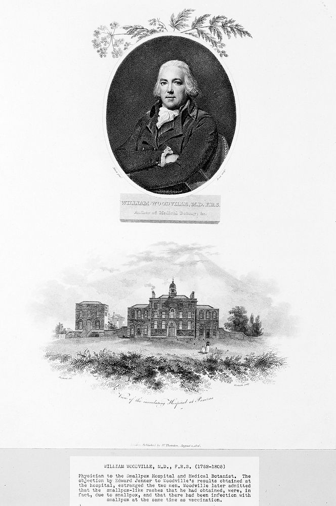 William Woodville, with a vignette of the St Pancras smallpox hospital. Stipple engraving, 1806, by W. Bond after L. F.…