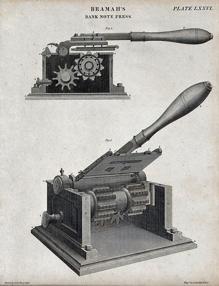 Printing: section and three-quarter view of the Bramah numerator press for banknote production. Engraving by J. Moffat after…