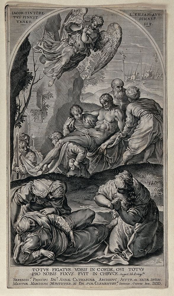Christ's body is carried to its tomb. Engraving by L. Kilian after J. Robusti, il Tintoretto.
