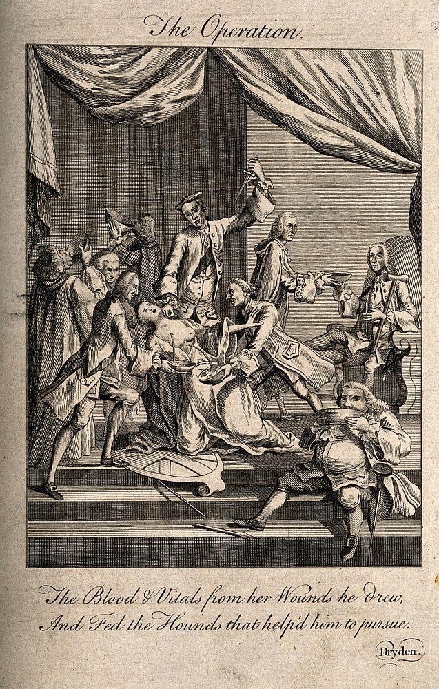 A woman being stabbed while the blood pouring from her wounds is drunk by a group of men; representing Britannia's resources…