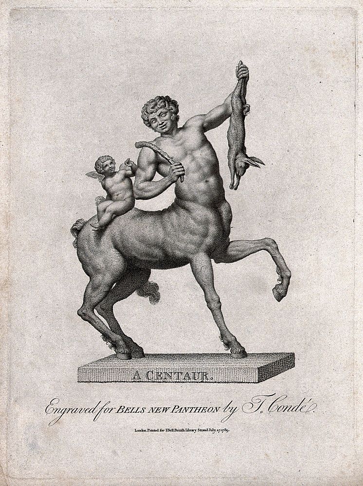 A centaur with Cupid. Stipple engraving by J. Condé, 1789.