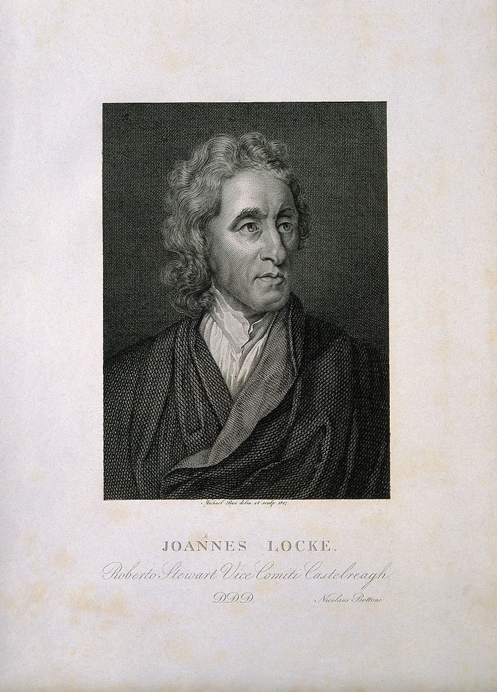 John Locke. Line engraving by M. Bisi, 1817, after himself after Sir G. Kneller, 1697.