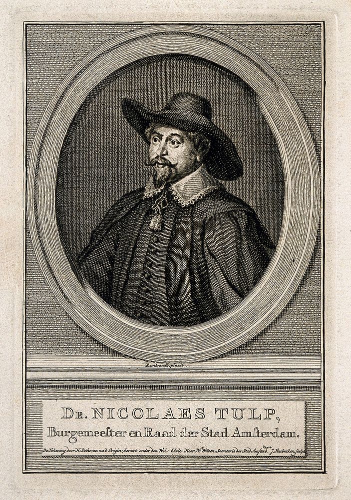Nicolaus Tulp (Tulpius). Line engraving by J. Houbraken after H. Pothoven after Rembrandt, 1632.