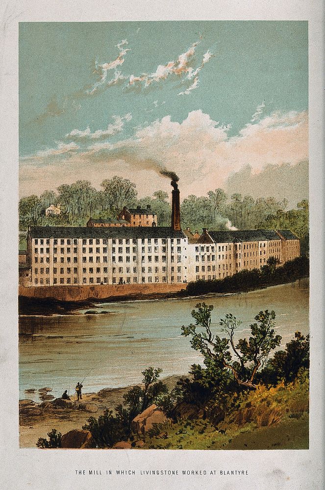 The spinning mill where David Livingstone worked, Blantyre, Scotland. Coloured lithograph.
