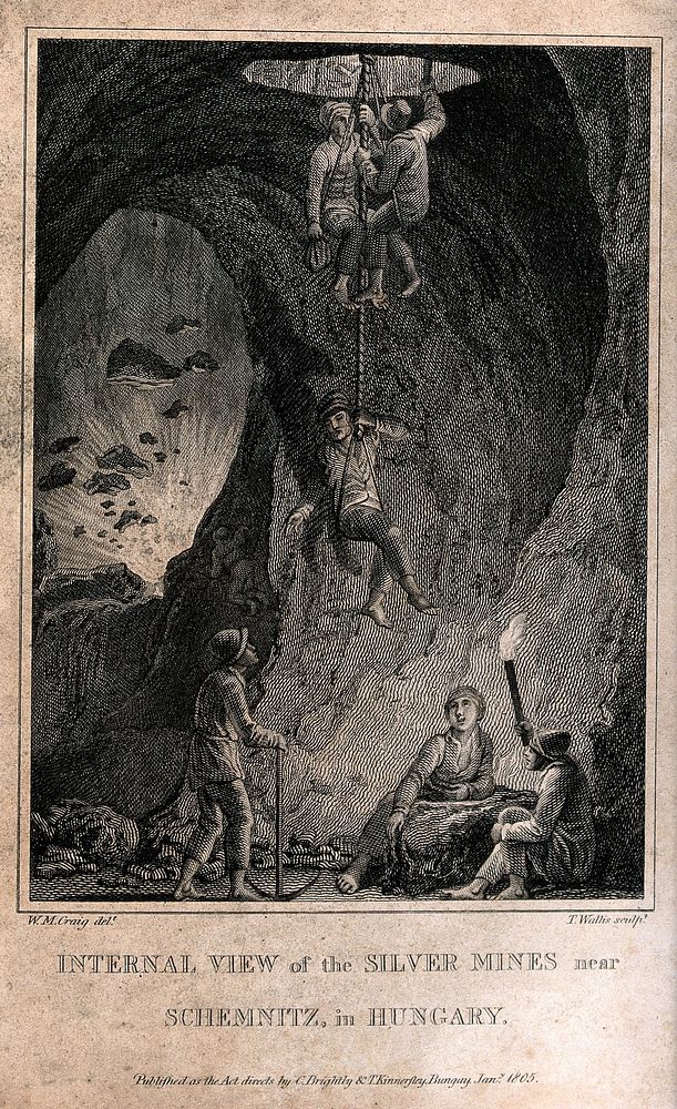 Schemnitz, Hungary (Banská Štiavnica, Slovakia): a silver mine and miners descending. Engraving by T. Wallis, 1805, after W.…