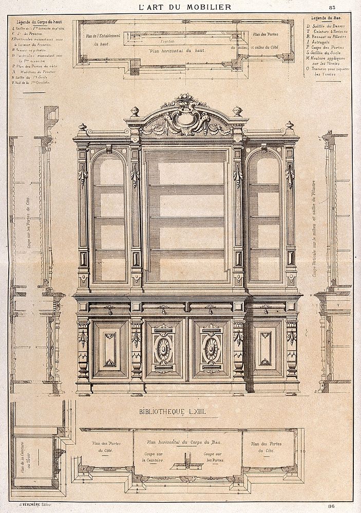 Cabinet-making: design for a bookcase. Etching by J. Verchère after himself, 1880.