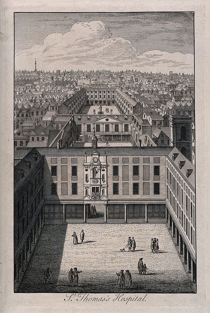 Old St. Thomas's Hospital, Southwark: a bird's-eye view looking east over the three courtyards. Engraving.