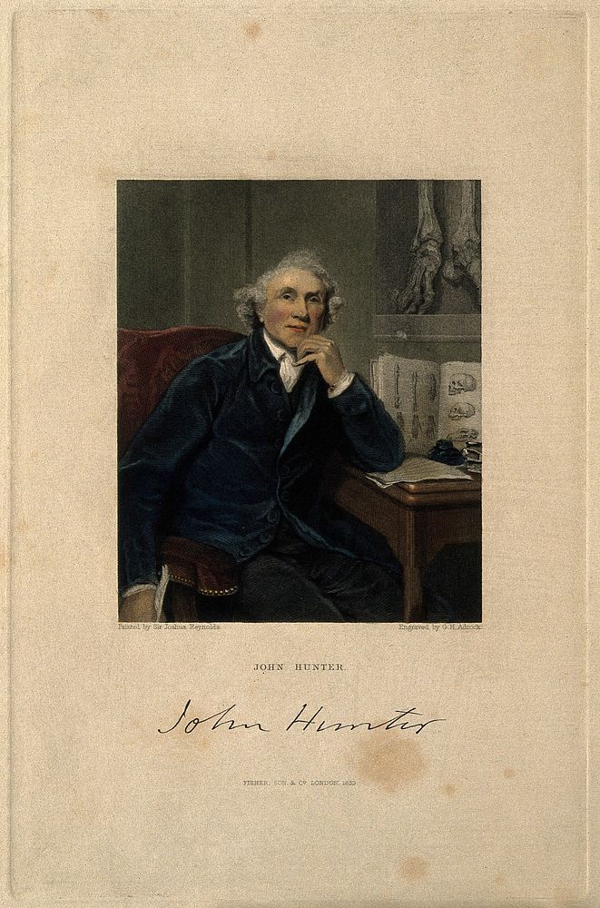 John Hunter. Stipple engraving by G. H. Adcock, 1833, after Sir J. Reynolds, 1786.