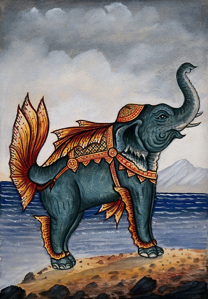 A monstrous elephant with gold scaly gills; water and a mountain beyond. Gouache.