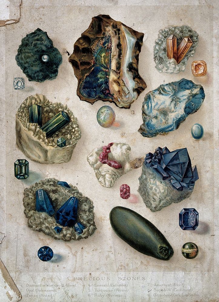 Geology: various crystalline substances. Coloured lithograph by A. Pralon after G. Pouchet.