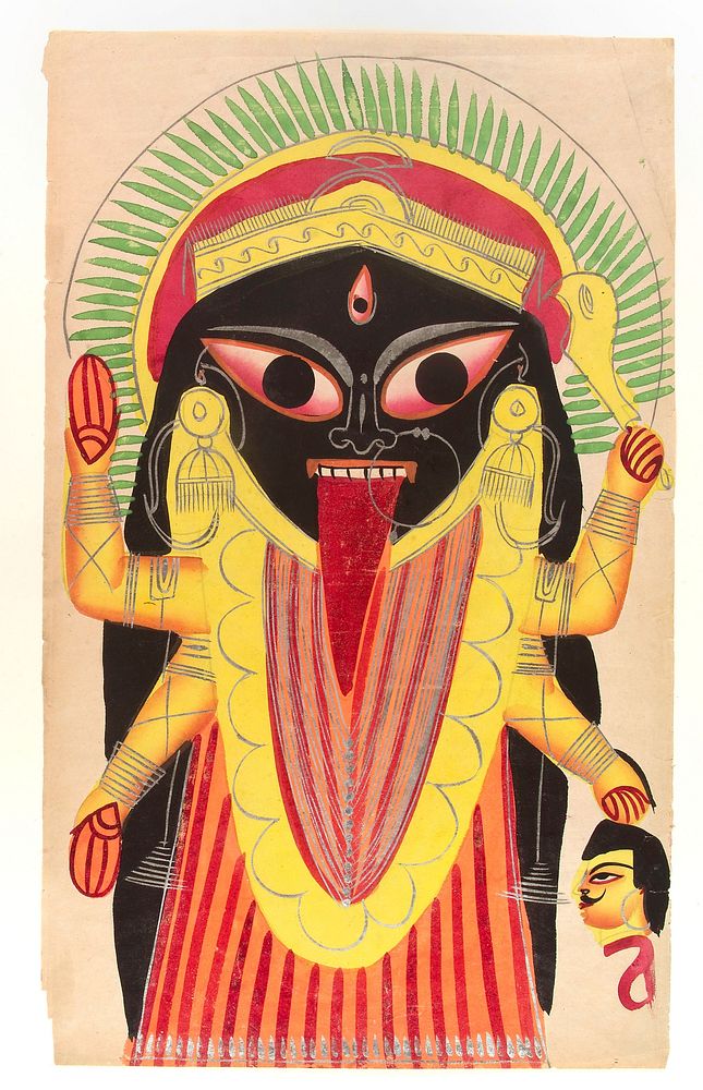 Kali holding a demon's head. Watercolour.