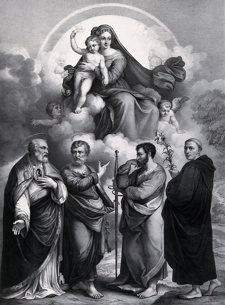 The Virgin and Child with Saint Geminianus of Modena, Saint Peter, Saint Paul and Saint Antony of Padua. Lithograph by F.…