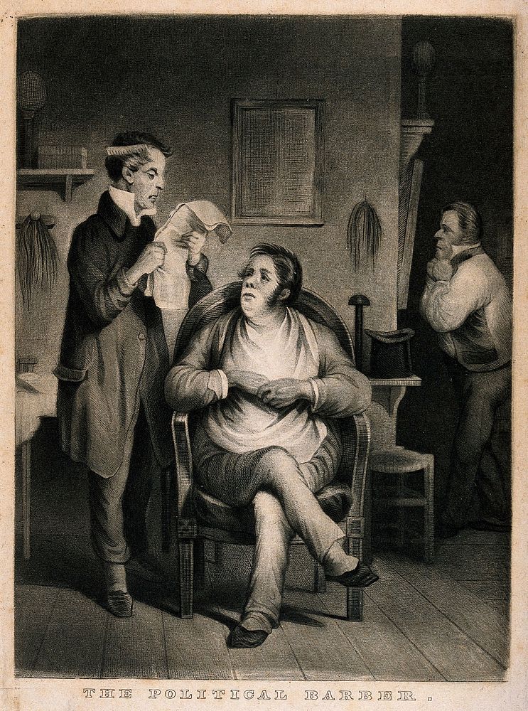 A barber reading political news from a newspaper to his client; in the background another man listens too. Mezzotint after…