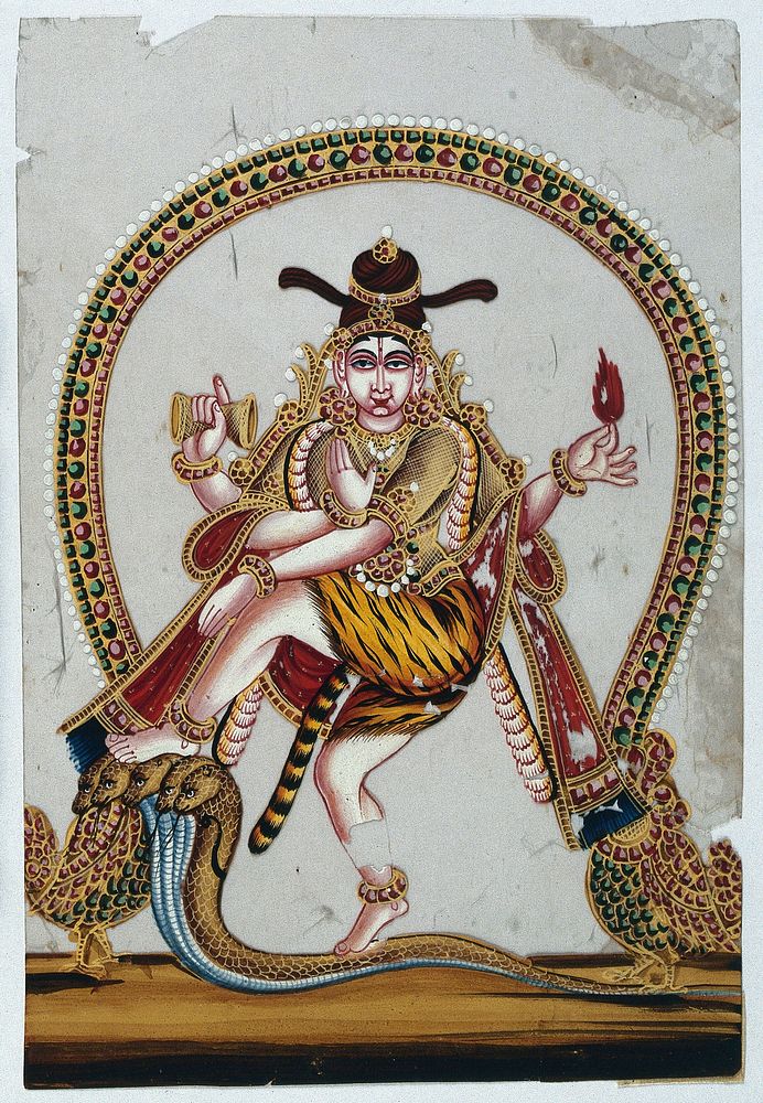 Four armed Shiva dancing on a snake, around a ring of flames. Gouache painting on mica by an Indian artist.
