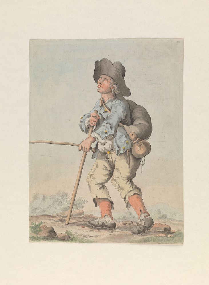 A blind man. Coloured etching attributed to M. Pfenninger.