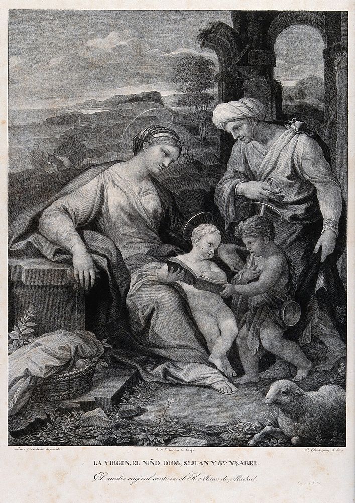 Saint Mary (the Blessed Virgin) with the Christ Child, Saint John the Baptist and Saint Elisabeth. Lithograph by C.…