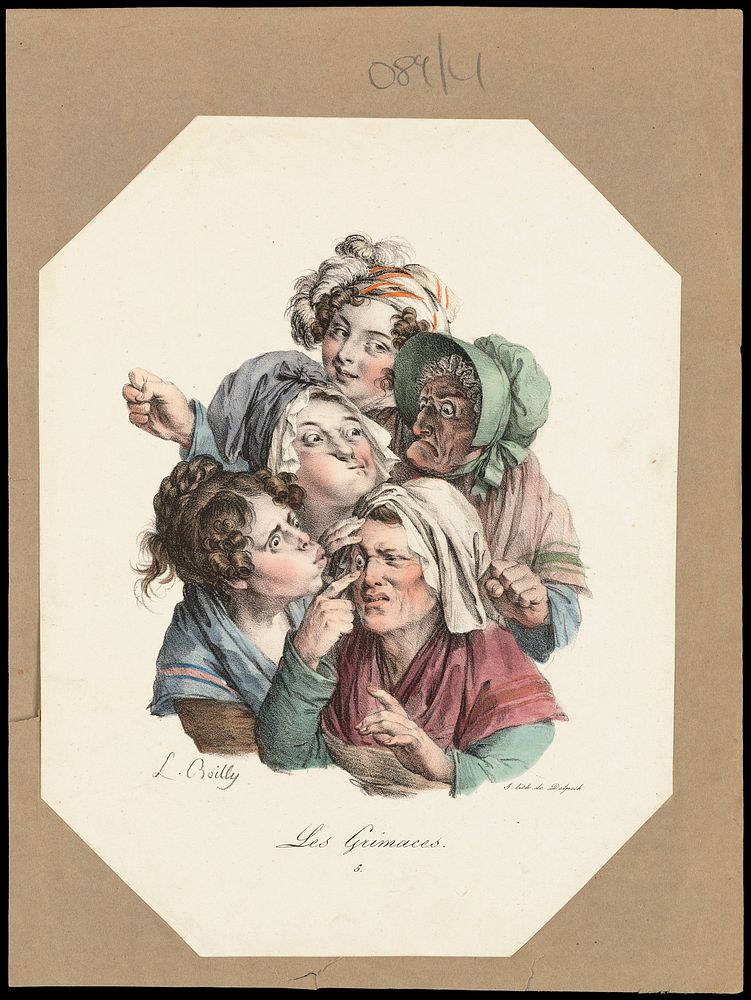 A woman examines another woman's sore eye, while other women look on. Colour lithograph after L. Boilly, 1827.