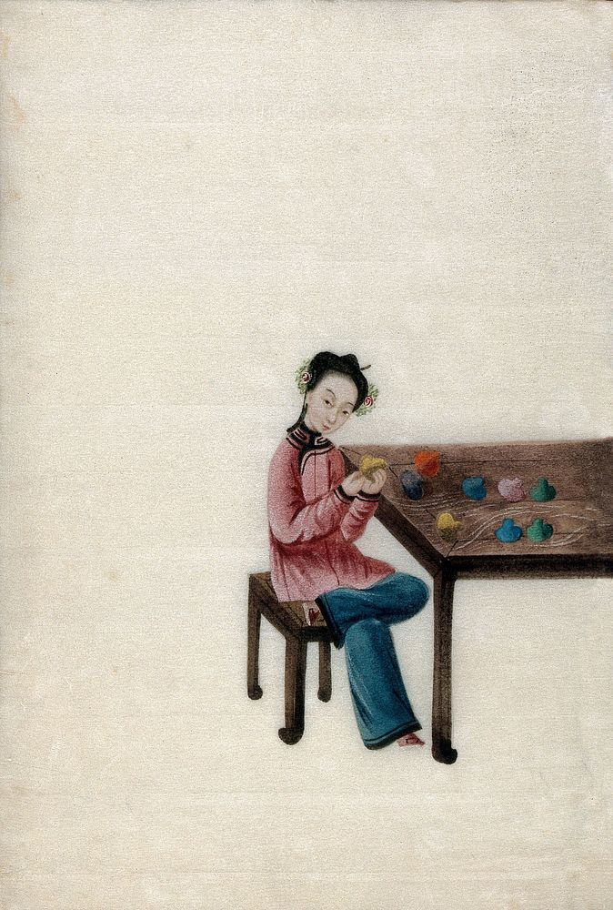 A woman preparing coloured silk thread . Watercolour by a Chinese artist, ca. 1800.