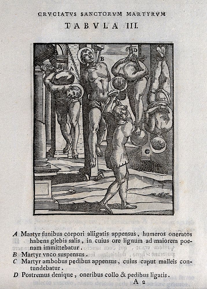 Martyrdom of four male saints by hanging, crucifixion and weighing down with boulders. Woodcut.