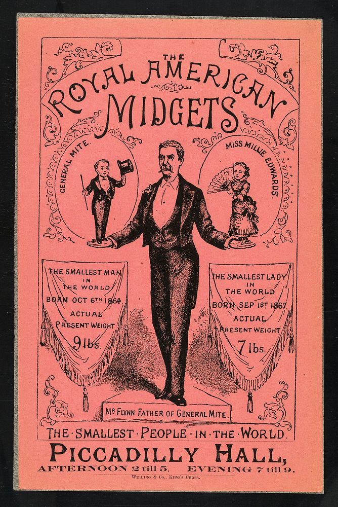 [Leaflet advertising appearances by The Royal American Midgets: General Mite, his father, E.F. Flynn and Miss Millie Edwards…