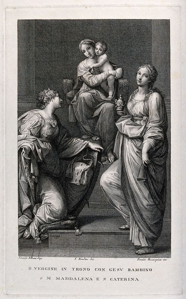Saint Mary (the Blessed Virgin) with the Christ Child, Saint Catherine of Siena and Saint Mary Magdalen. Engraving by F.…