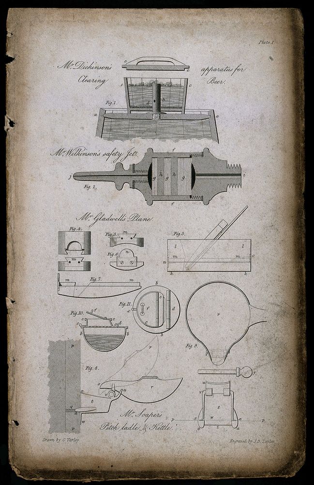 Various items of brewing apparatus and their constituent parts. Engraving by J. Taylor, 19th century, after C. Varley.