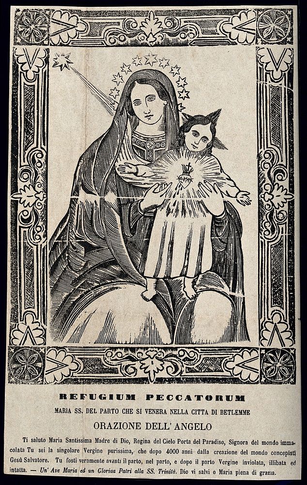 The Virgin of Birth of Bethlehem, pointing to the bleeding heart of the Christ Child. Woodcut.
