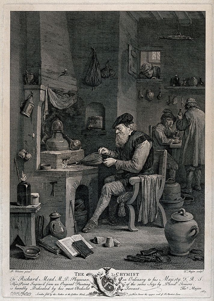 An alchemist using bellows at a furnace in his laboratory. Etching by T. Major, 1750, after D. Teniers the younger.