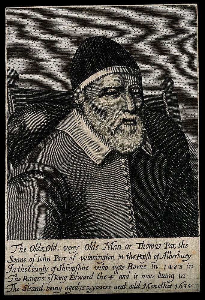 Thomas Parr, aged 152. Line engraving.