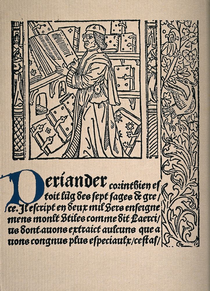 The scholar, Periander in his library with printed text. Reproduction after a woodcut, 1488-89.
