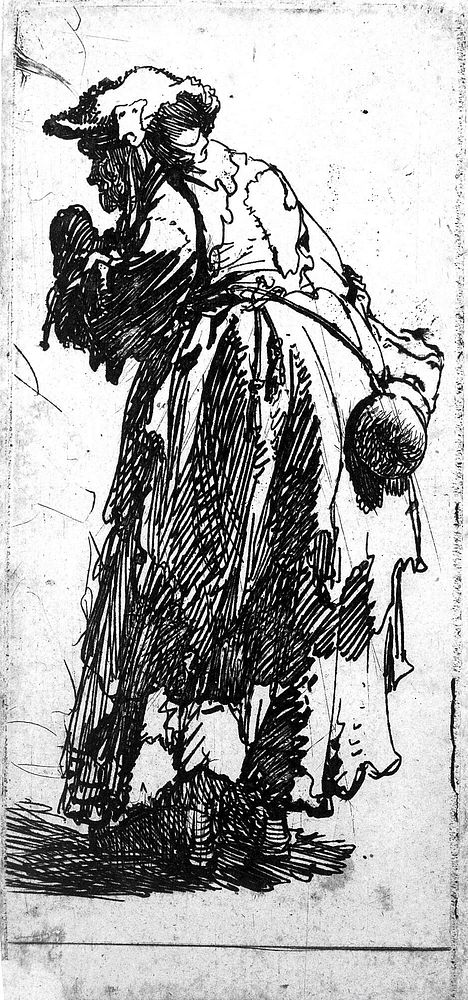 A beggar woman with a gourd. Etching by Rembrandt van Rijn, 1629.