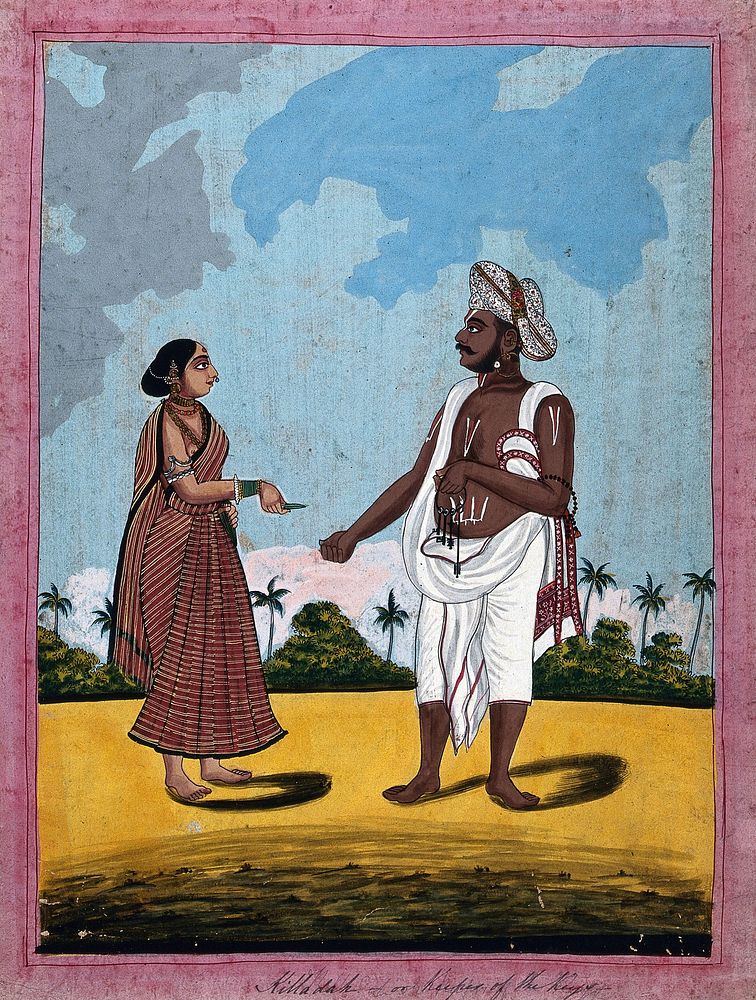 A key keeper and wife offering him a betel leaf. Gouache drawing.
