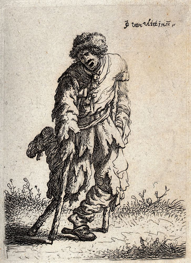 A man in ragged clothes walking with two crutches and a wooden leg. Etching by Jan Georg van der Vliet, c. 1632.