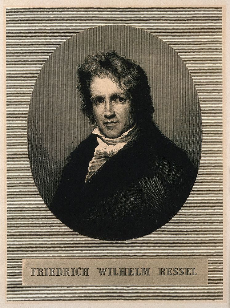 Friedrich Wilhelm Bessel. Reproduction of line engraving by E. Mandel after Wolff.