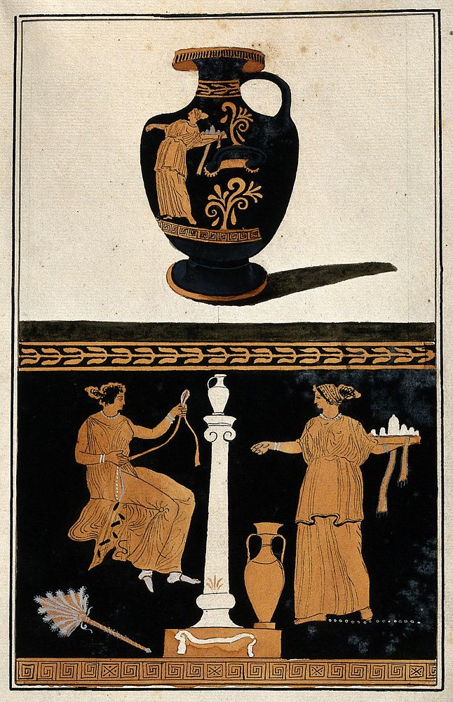 Above, red-figured Greek water jar (hydria) decorated with figures; below, detail of decoration showing a seated woman and…