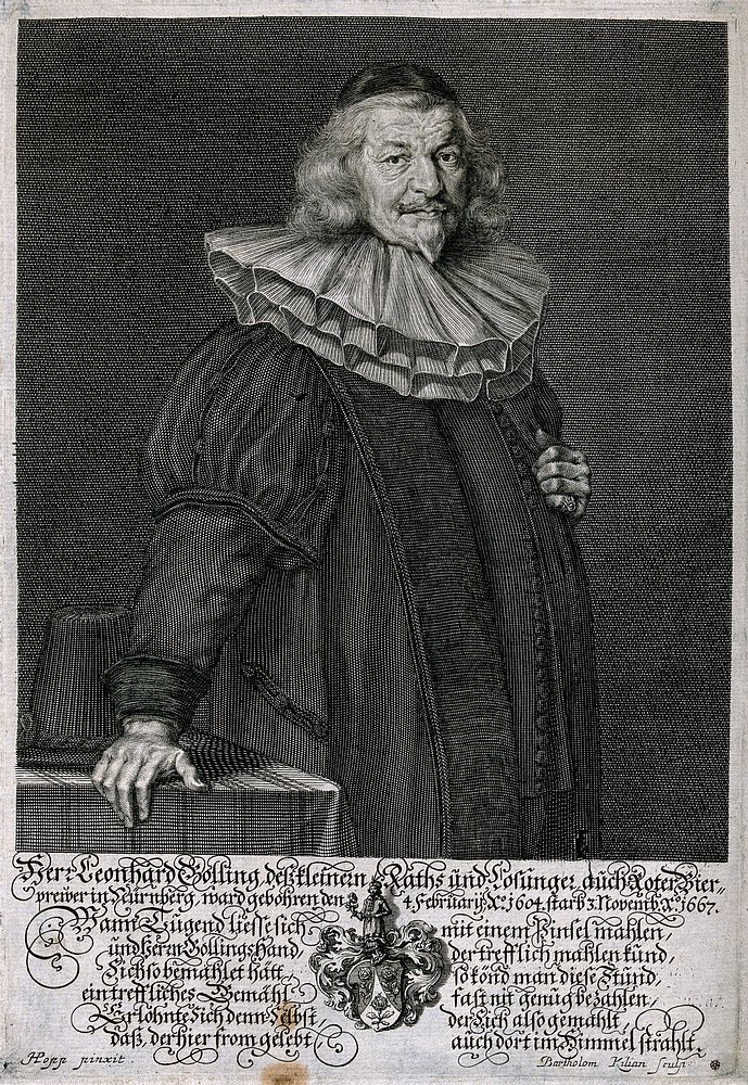 Leonhard Golling, a German brewer, standing by a table. Engraving by B. Kilian, c. 1667, after H. Popp.