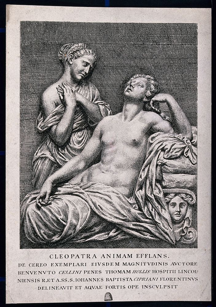 The suicide of Cleopatra: Cleopatra is lying dead on her bed, mourned by a servant. Etching by G.B. Cipriani after B.…